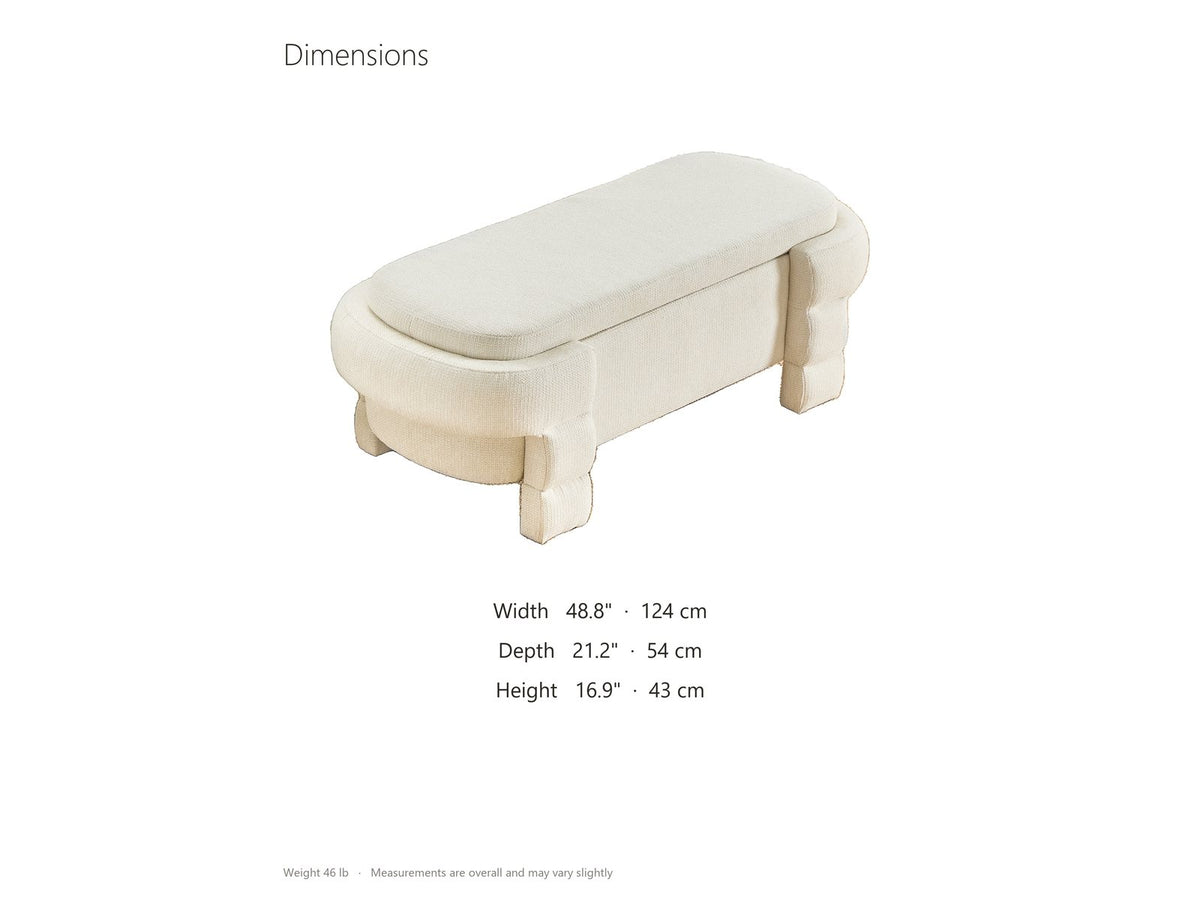 Gaeta Oval Storage Bench dimensions: 48.8 in wide, 21.2 in deep, 16.9 in high