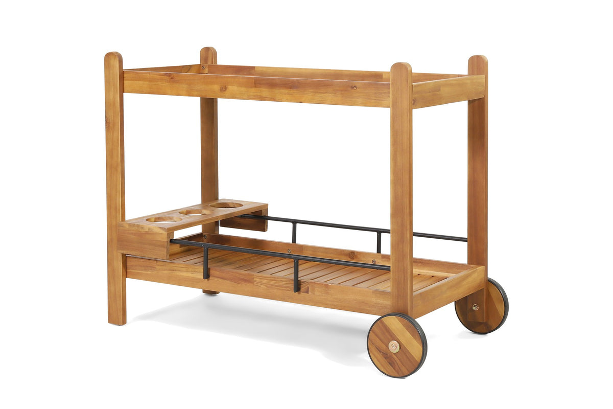 Gagliato 43-Inch Two-Tier Solid Acacia Bar Cart with Wheels on a white background