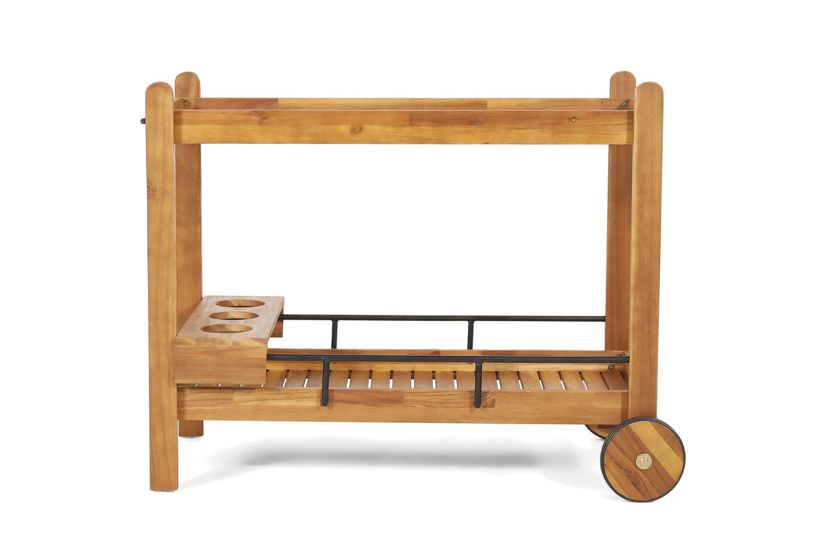 Gagliato 43-Inch Two-Tier Solid Acacia Bar Cart with Wheels, front view