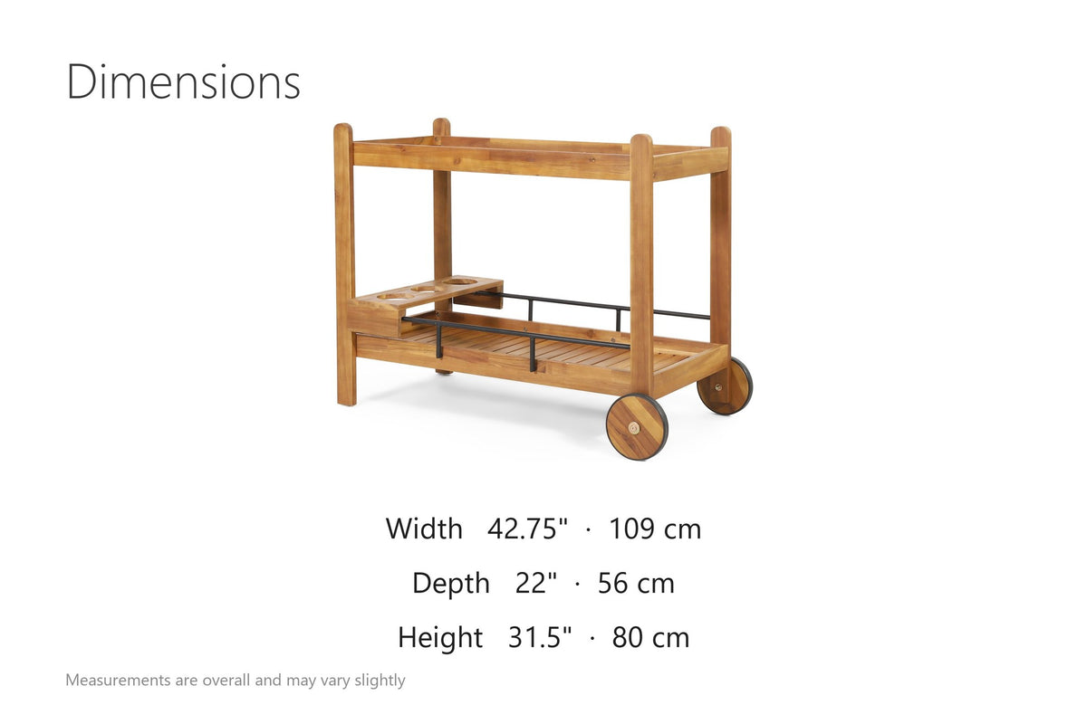 Gagliato 43-Inch Two-Tier Solid Acacia Bar Cart with Wheels dimensions