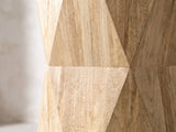 Close-up of the Gallicano Mango Faceted Hexagon Side Table: the triangular mango facets meeting at the waist