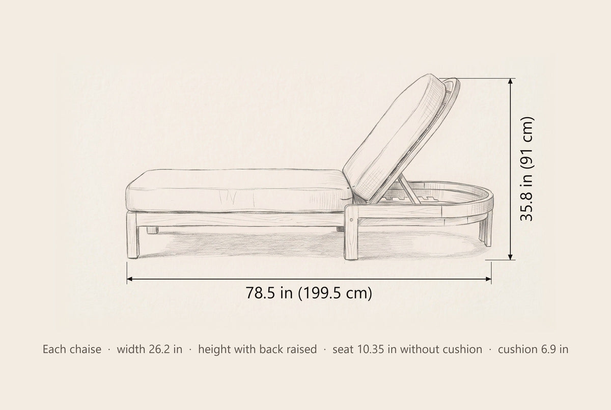 Gangi chaise lounge dimensions: each 78.5 in long, 35.8 in high with the back raised, 26.2 in wide