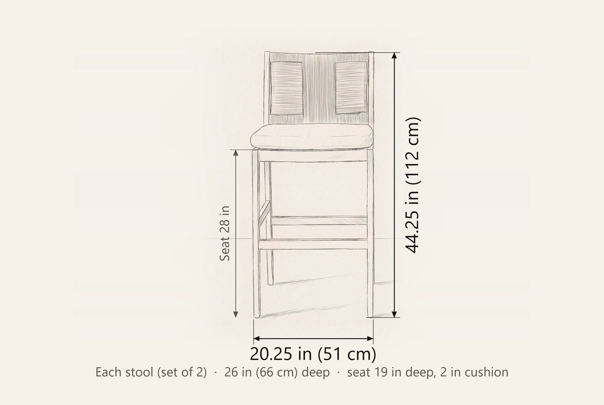 Ganzirri bar stool dimensions: each stool 20.25 in wide, 44.25 in high, seat 28 in, 26 in deep
