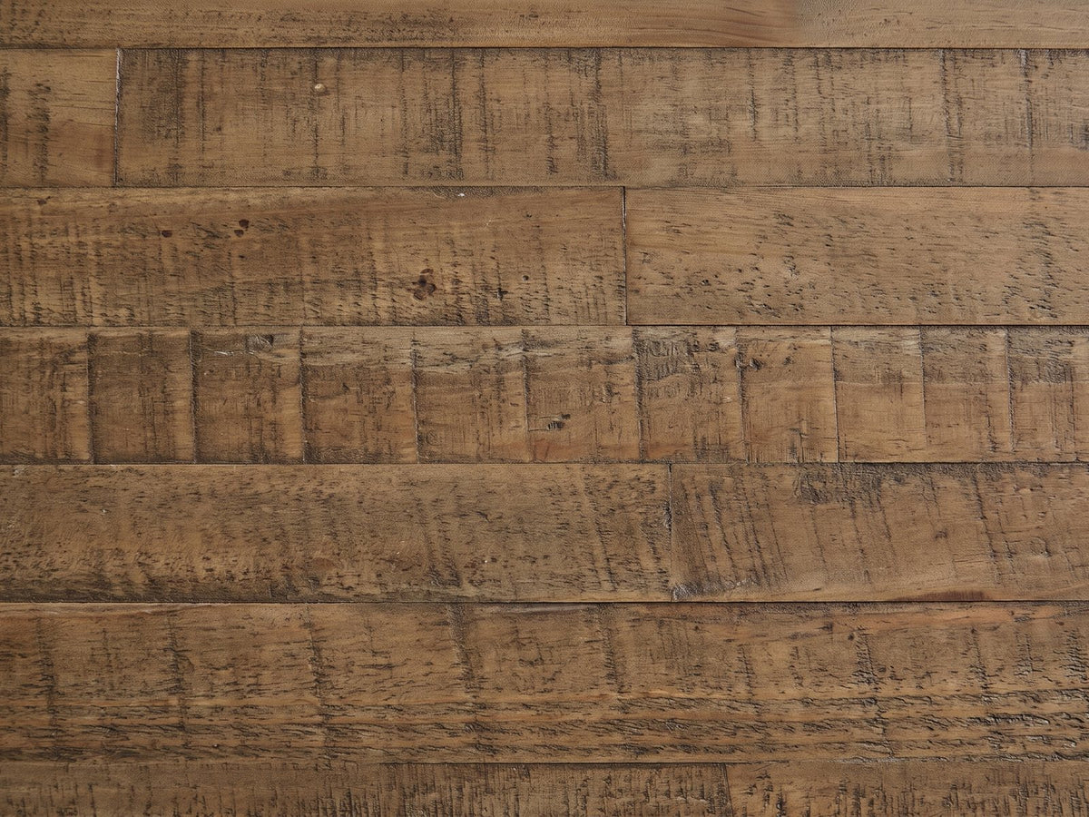 Close-up of the Gasperina Reclaimed Fir Four-Drawer Console Table: the staggered, saw-textured boards of the reclaimed fir top