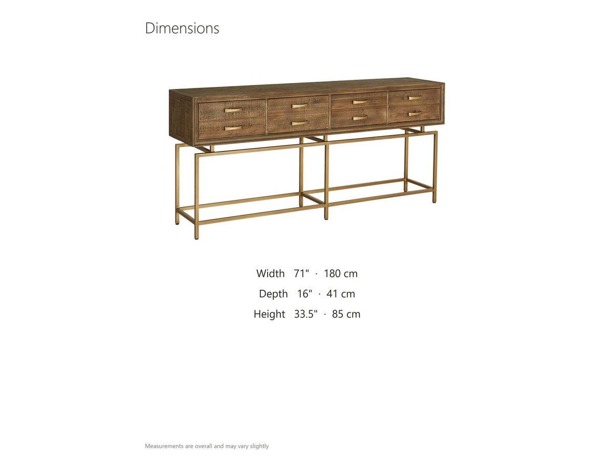 Gasperina Reclaimed Fir Four-Drawer Console Table dimensions: 71.0 in wide, 16.0 in deep, 33.5 in high