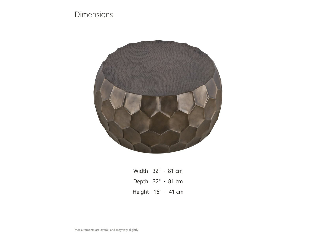 Gavi 32-Inch Round Antique Bronze Faceted Aluminum Drum Coffee Table dimensions: 32.0 in wide, 32.0 in deep, 16.0 in high