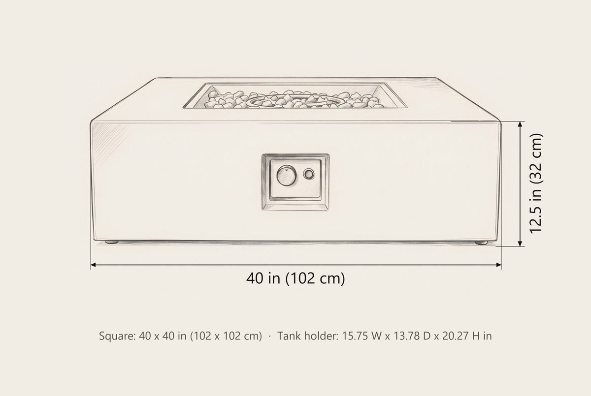 Gela fire pit dimensions: 40 in wide, 12.5 in high; tank holder 15.75 by 13.78 by 20.27 in