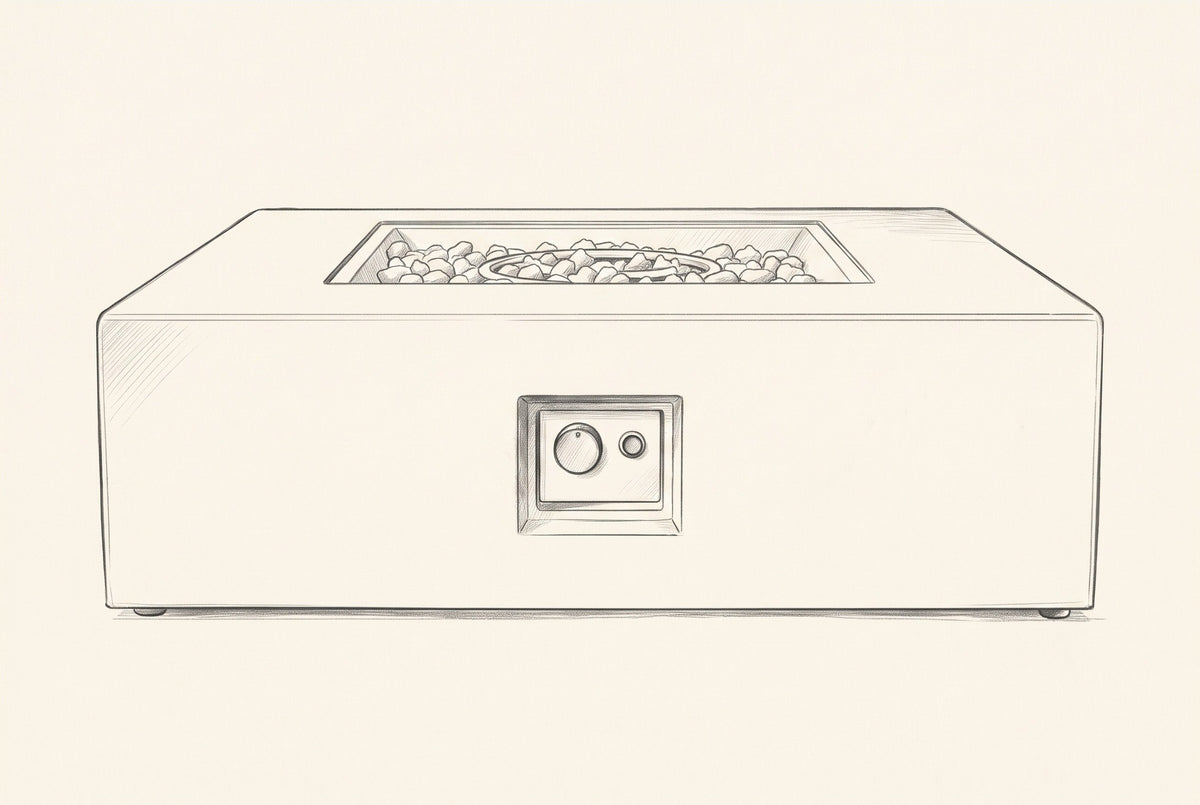 Pencil sketch of the Gela fire pit seen from the front, the control niche in the middle of the face