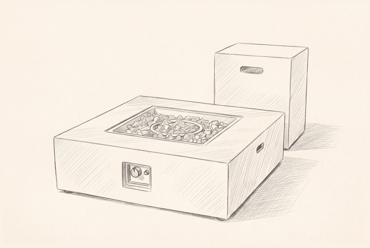 Pencil sketch of the Gela fire pit and tank holder, drawn from the same three-quarter view