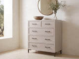 Gemona 41-Inch Cerused Oak 5-Drawer Chest under a round bronze mirror in a villa bedroom