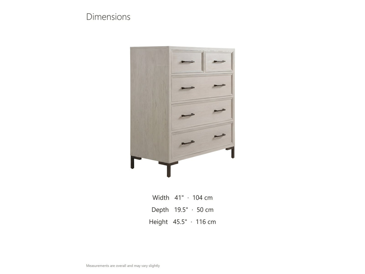 Gemona 41-Inch Cerused Oak 5-Drawer Chest dimensions: 41.0 in wide, 19.5 in deep, 45.5 in high
