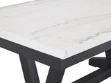 Close-up of the Gerace 72-Inch White Marble V-Trestle Dining Set with 6 Chairs: the white marble top, black wire-brushed apron and one V-trestle