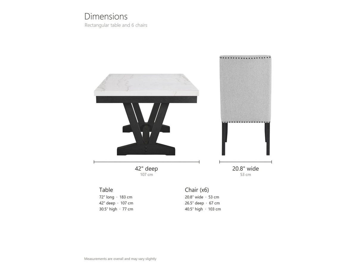 Gerace 72-Inch White Marble V-Trestle Dining Set with 6 Chairs dimensions: table 72 in long, 42 in deep and 30.5 in high; each chair 20.8 in wide, 26.5 in deep and 40.5 in high