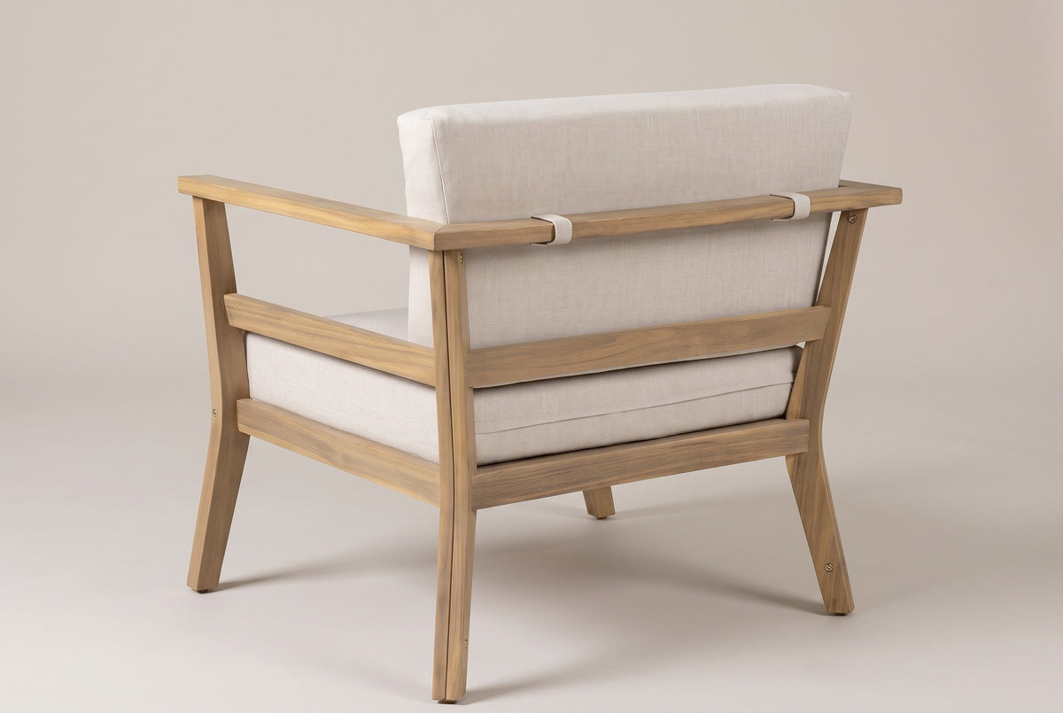 The Geraci chair from behind: the top back rail with two fabric loops, the middle and lower back rails and the splayed back legs