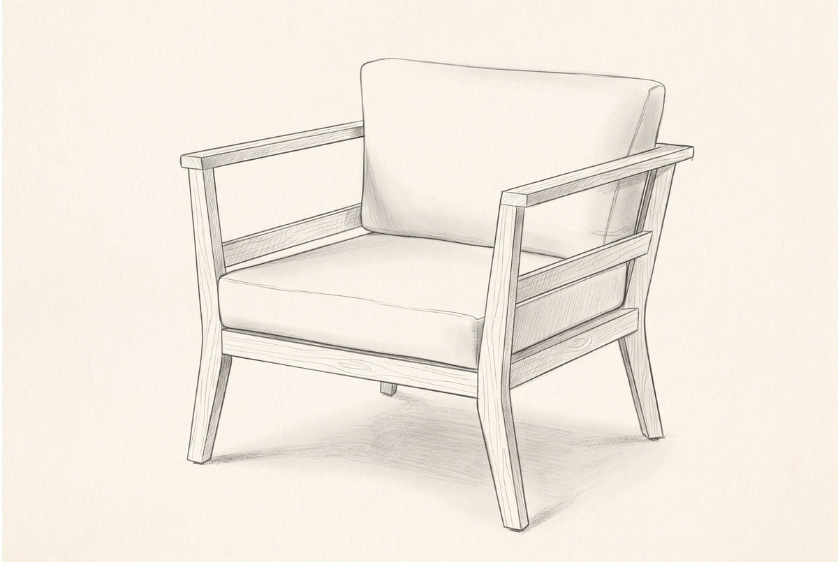 Pencil sketch of the Geraci club chair, three-quarter view from the front