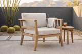 Geraci acacia club chair in a Tucson desert courtyard with a charcoal plaster wall, golden barrel cacti and mountains behind (side table and throw not included)