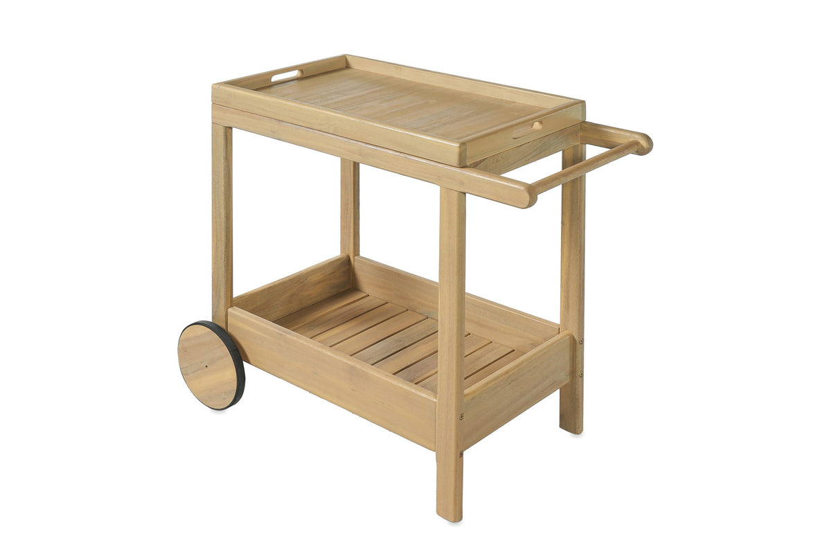 Gerocarne 36-Inch Acacia Wood Outdoor Rolling Bar Cart on a white background