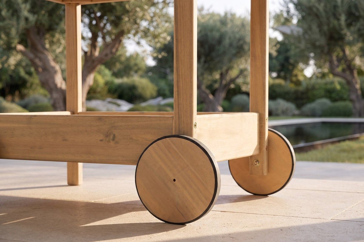Close-up of the Gerocarne 36-Inch Acacia Wood Outdoor Rolling Bar Cart: wheel