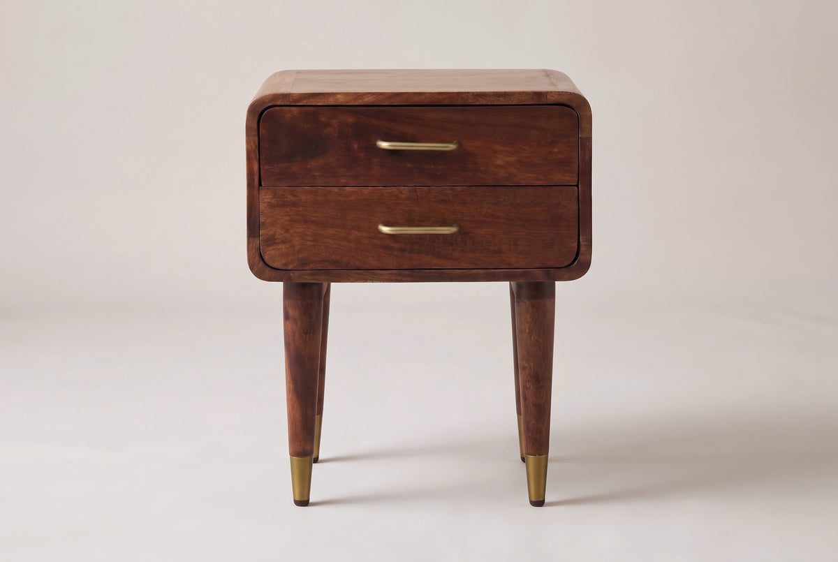 The Ghilarza nightstand in chestnut mango, front view on a light studio backdrop
