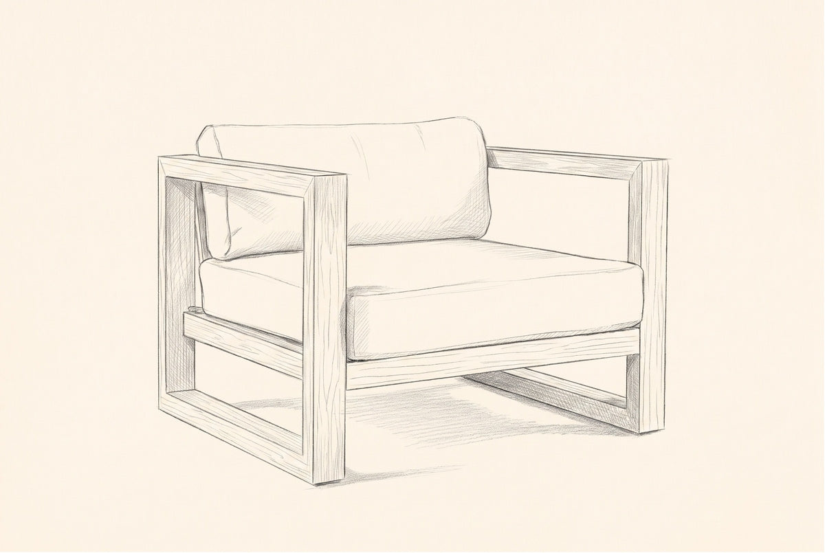Pencil sketch of the Giardini lounge chair, three-quarter front view