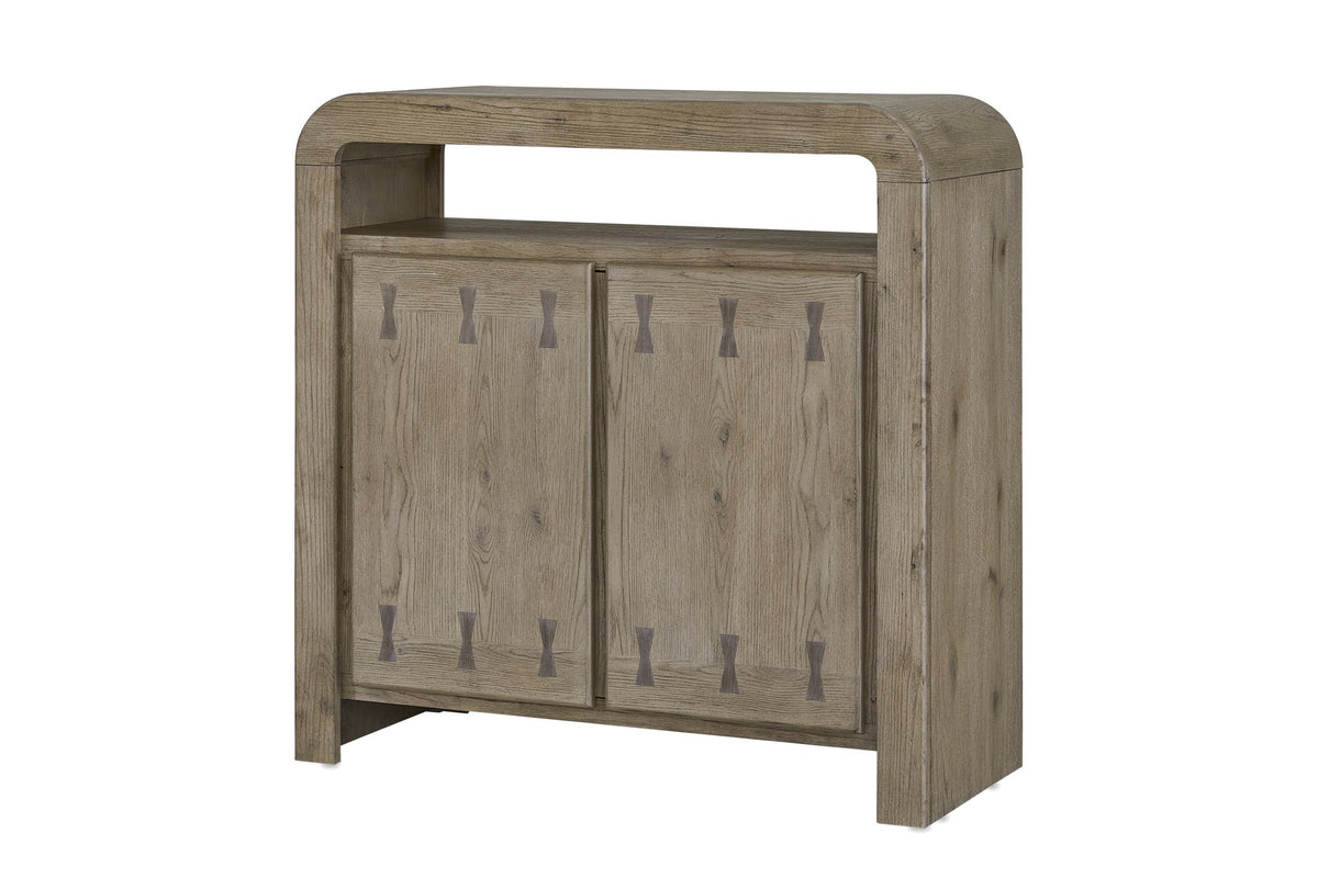 Gimigliano 42-Inch 2-Door Knotty Oak Veneer Bar Cabinet with Wine Storage on a white background
