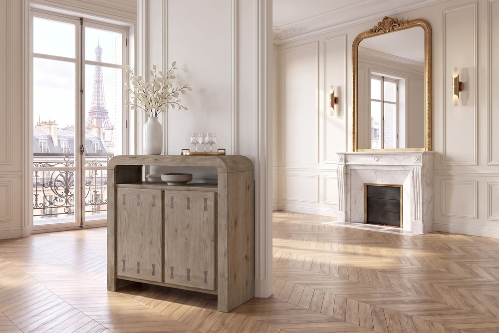 Gimigliano 42-Inch 2-Door Knotty Oak Veneer Bar Cabinet with Wine Storage in a Paris salon