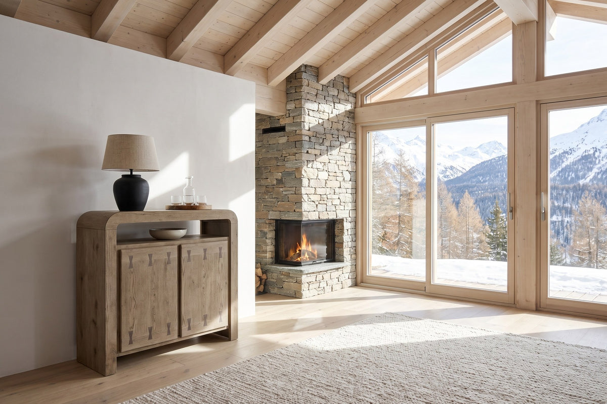 Gimigliano 42-Inch 2-Door Knotty Oak Veneer Bar Cabinet with Wine Storage in an alpine chalet