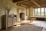 Gimigliano 42-Inch 2-Door Knotty Oak Veneer Bar Cabinet with Wine Storage in an English country dining room