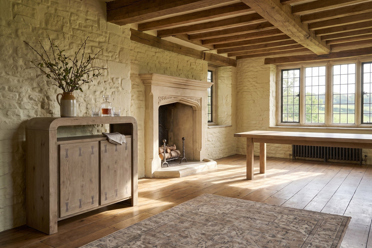 Gimigliano 42-Inch 2-Door Knotty Oak Veneer Bar Cabinet with Wine Storage in an English country dining room