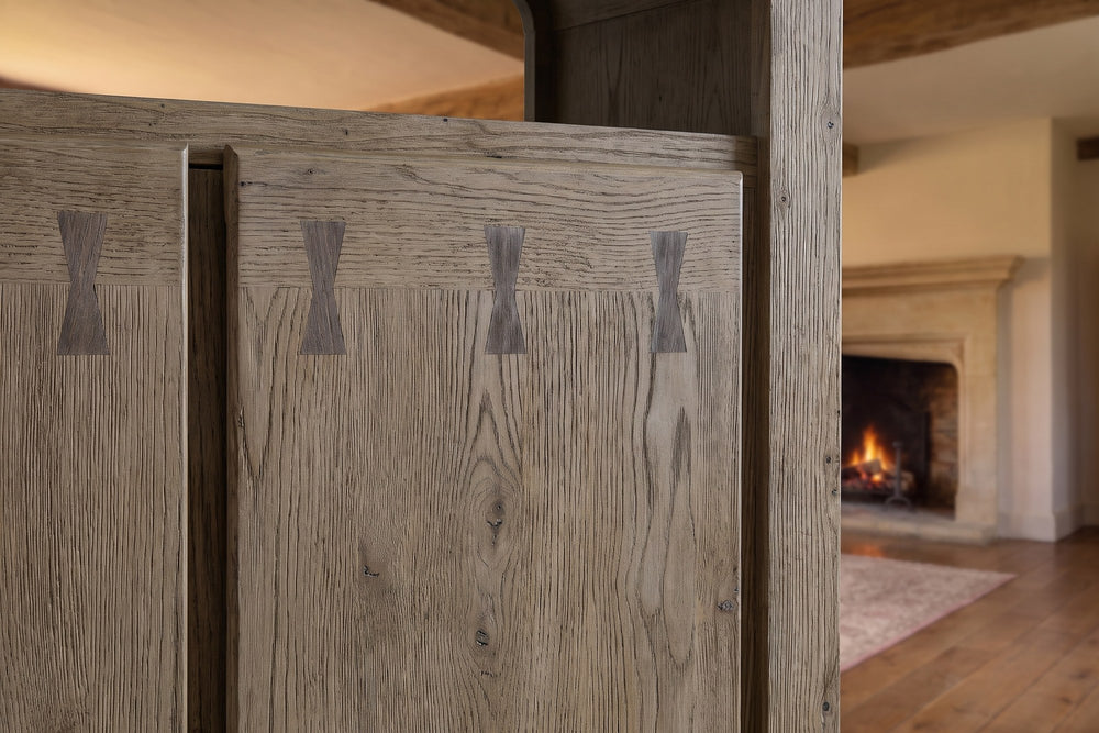 Close-up of the Gimigliano 42-Inch 2-Door Knotty Oak Veneer Bar Cabinet with Wine Storage: inlay