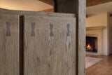 Close-up of the Gimigliano 42-Inch 2-Door Knotty Oak Veneer Bar Cabinet with Wine Storage: inlay