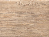 Close-up of the Ginosa Reclaimed Elm Trestle Console Table: the wire-brushed grain of the reclaimed elm top