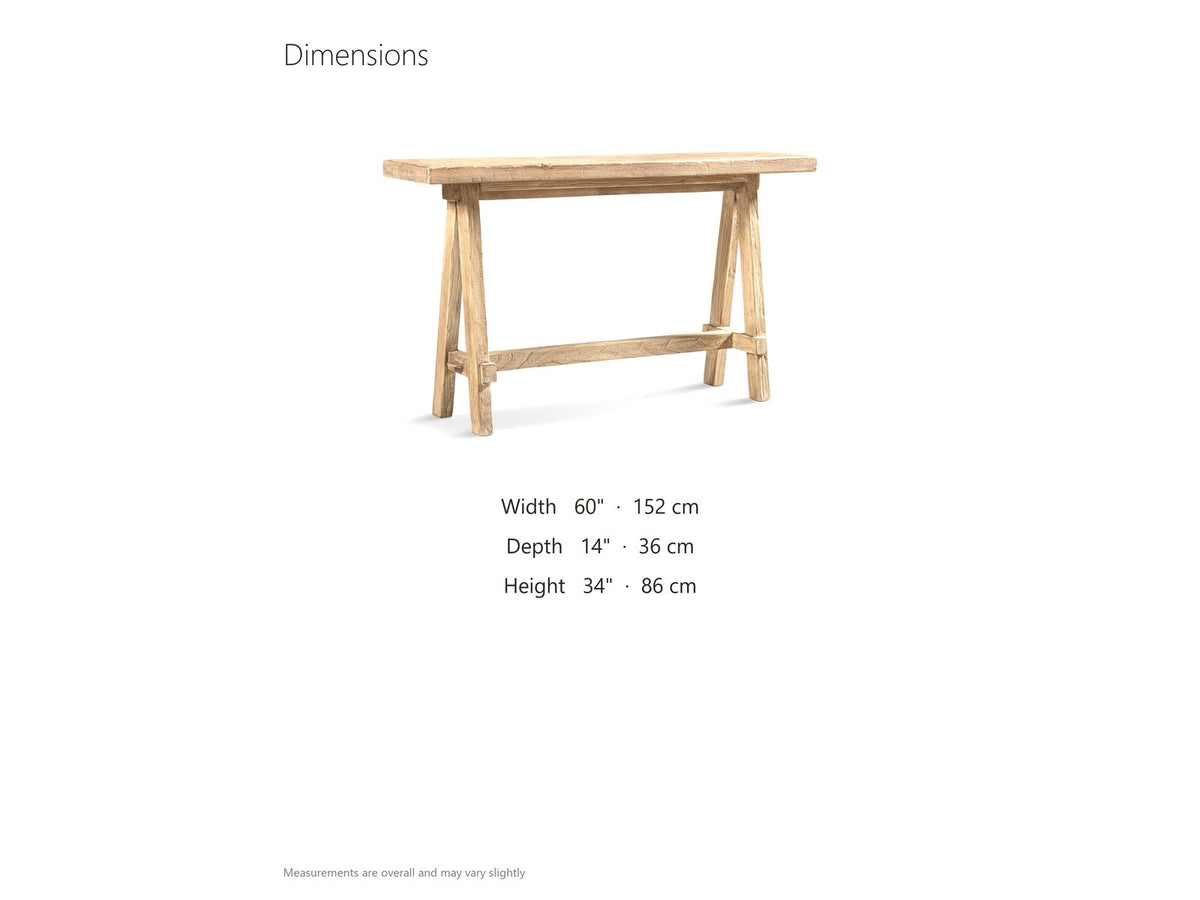 Ginosa Reclaimed Elm Trestle Console Table dimensions: 60.0 in wide, 14.0 in deep, 34.0 in high