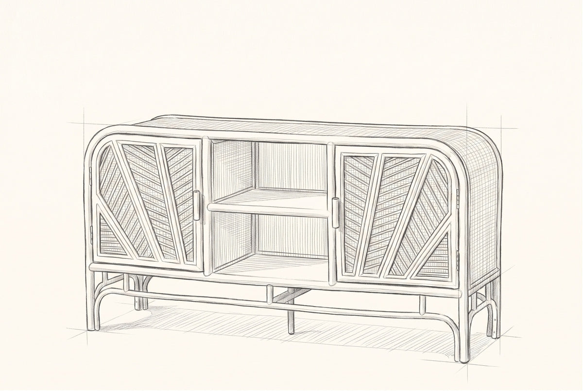 Pencil sketch of the Giovinazzo sideboard, drawn from the same three-quarter view