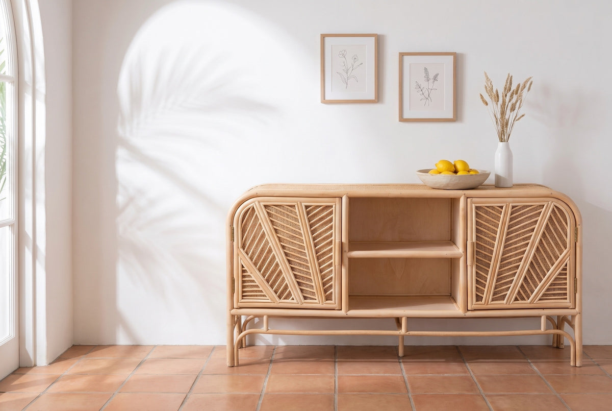 Giovinazzo natural rattan and cane sideboard against a white lime plaster wall in a Santa Barbara dining room, with a bowl of lemons on top and a terracotta tile floor