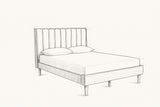 Pencil sketch of the Giulianova bed with a mattress and two pillows, drawn from the same three-quarter view