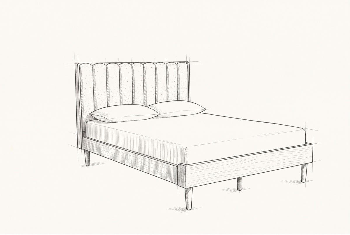 Pencil sketch of the Giulianova bed with a mattress and two pillows, drawn from the same three-quarter view
