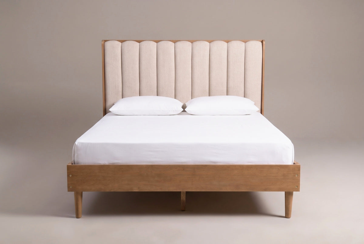 Giulianova bed in wheat pine with an oatmeal scalloped headboard, a white mattress and pillows (not included), front view