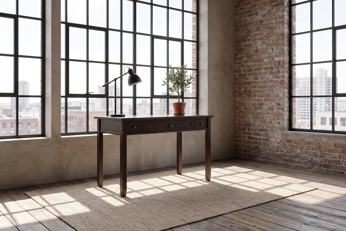Gizzeria 48-Inch 2-Drawer Solid Wood Shaker Writing Desk with Keyboard Tray in a city loft