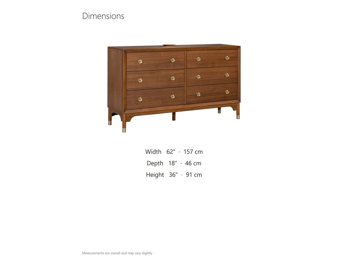 Gorizia 62-Inch Warm Walnut 6-Drawer Dresser dimensions: 62.0 in wide, 18.0 in deep, 36.0 in high