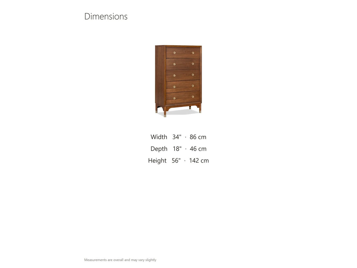 Grado 34-Inch Warm Walnut 5-Drawer Chest dimensions: 34.0 in wide, 18.0 in deep, 56.0 in high