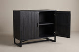 The Gravina cabinet with its right door open, showing one pine shelf inside and the plank backing on the inside of the door