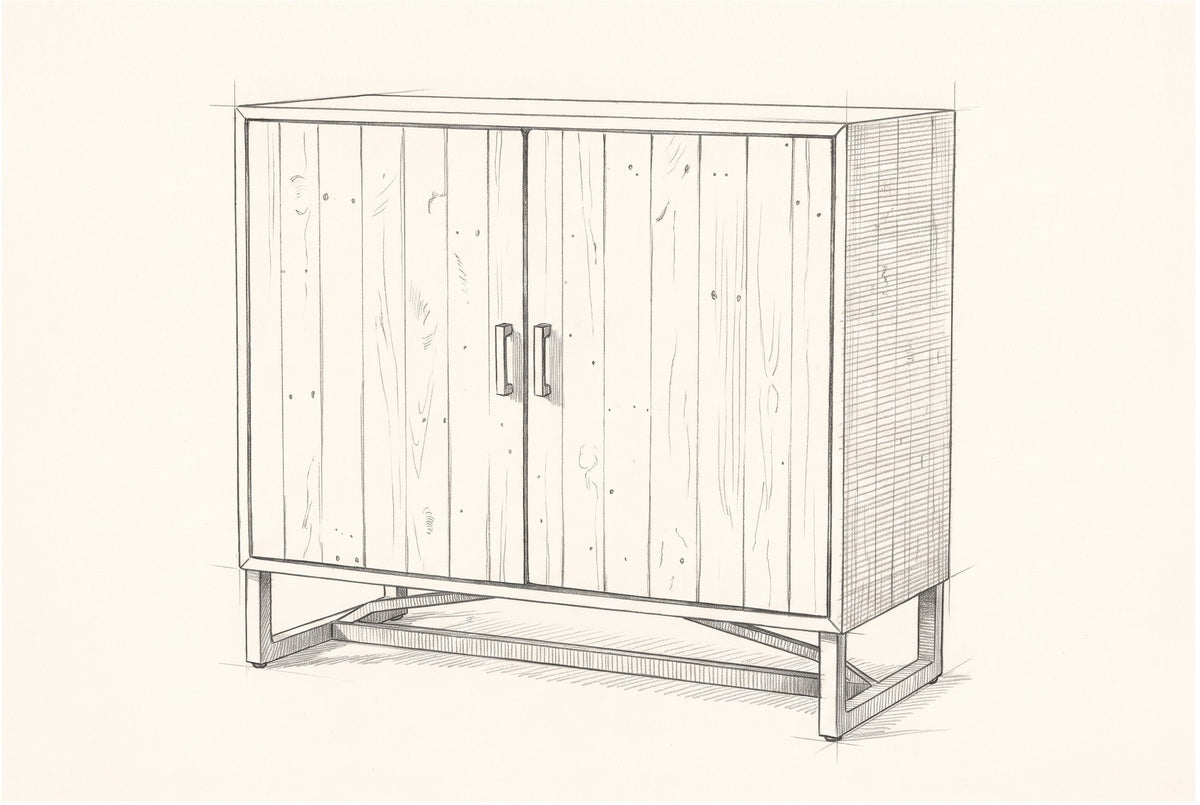Pencil sketch of the Gravina cabinet, drawn from the same three-quarter view