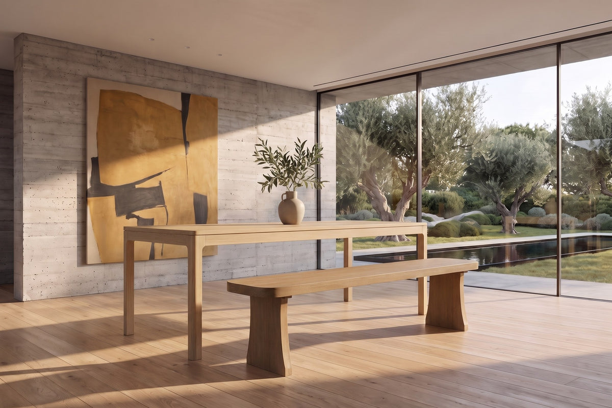 Grisolia 63-Inch Solid Pine Dining Bench, Seats 3 in a sunlit villa dining room