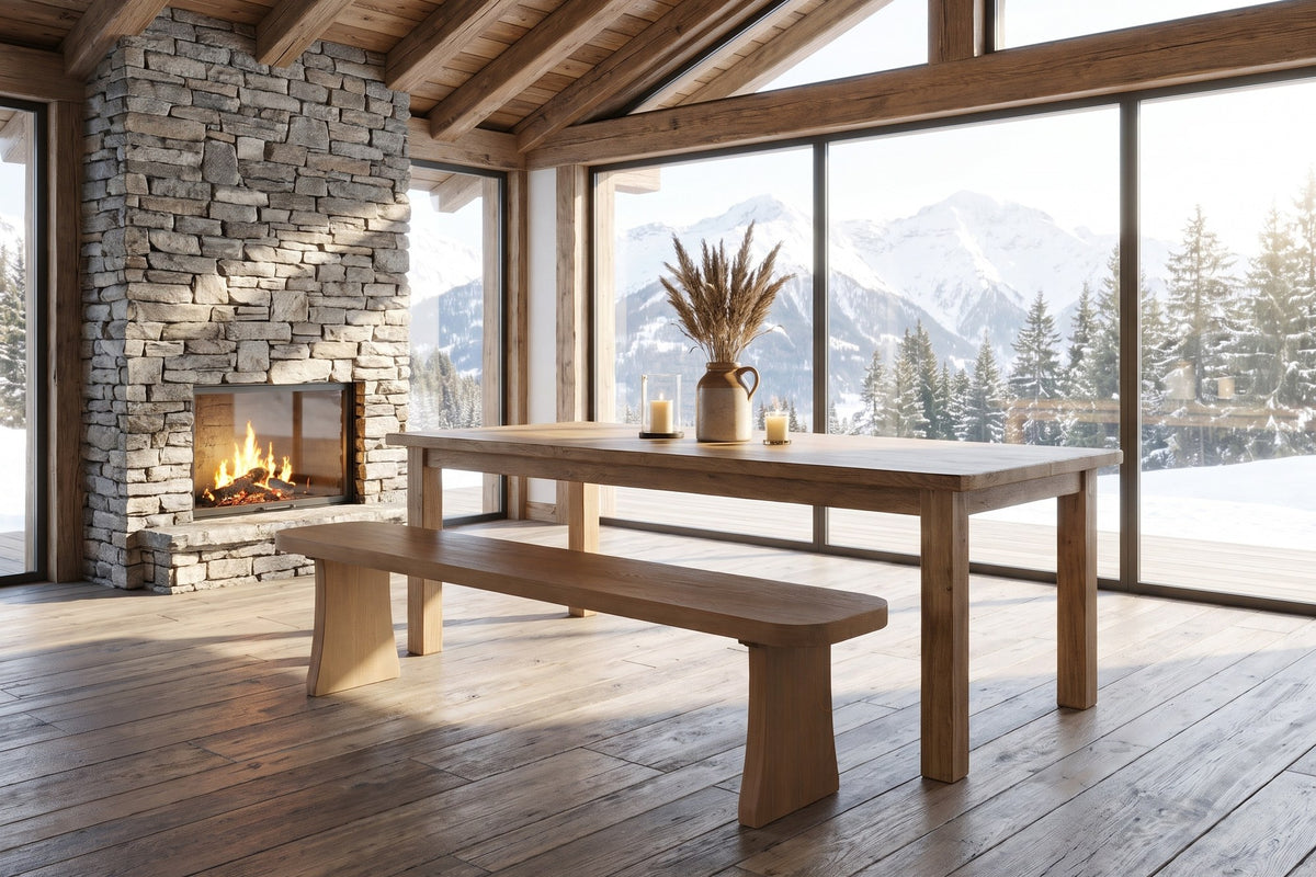 Grisolia 63-Inch Solid Pine Dining Bench, Seats 3 in an alpine chalet