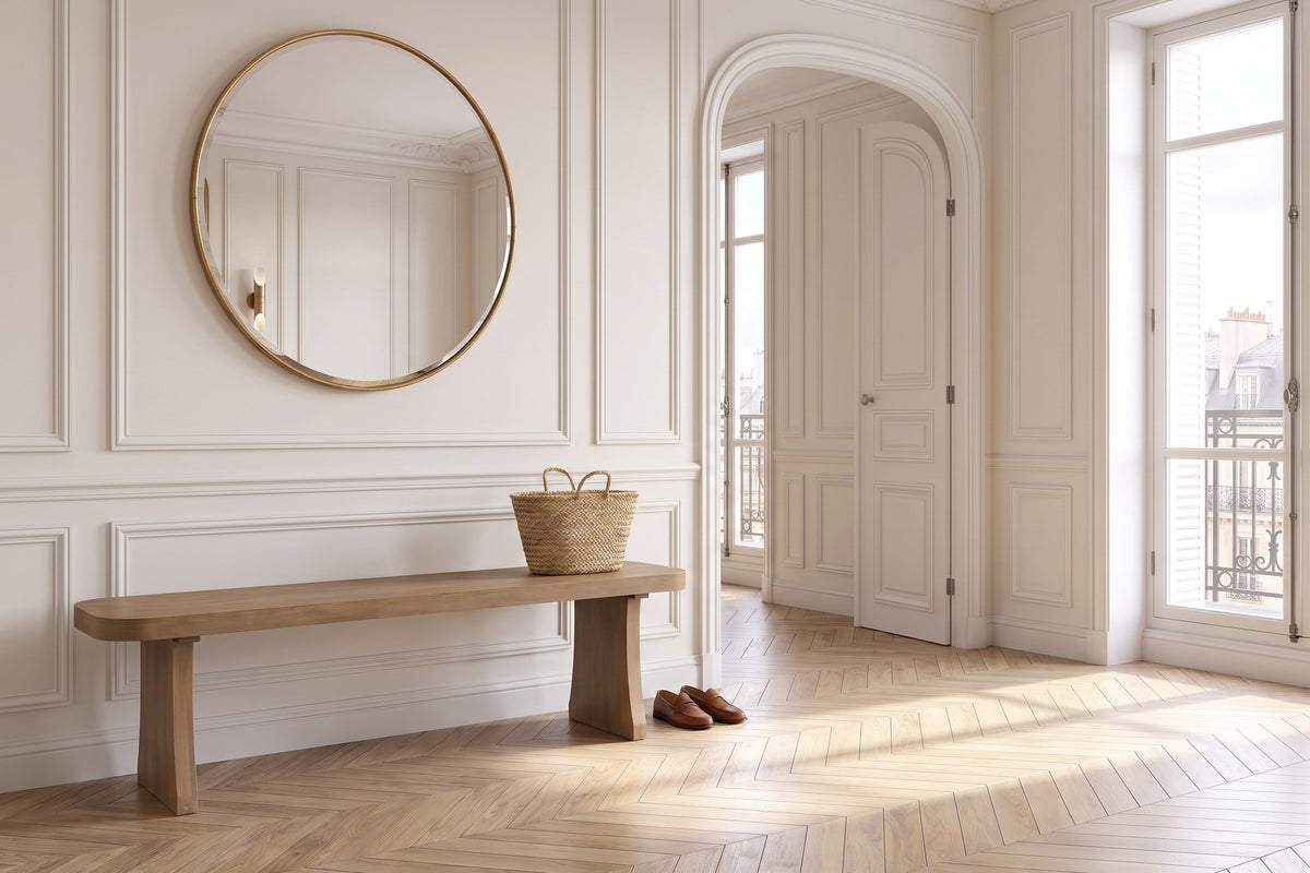 Grisolia 63-Inch Solid Pine Dining Bench, Seats 3 in an entrance hall