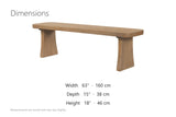 Grisolia 63-Inch Solid Pine Dining Bench, Seats 3 dimensions