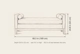 Gualdo bench dimensions: 66.3 in wide, 24.8 in high to the arms, 20.9 in deep