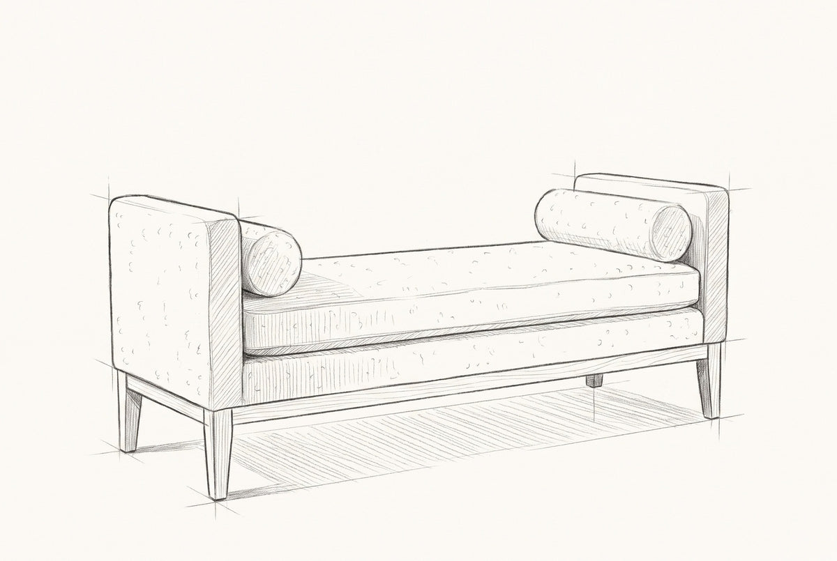 Pencil sketch of the Gualdo bench, drawn from the same three-quarter view