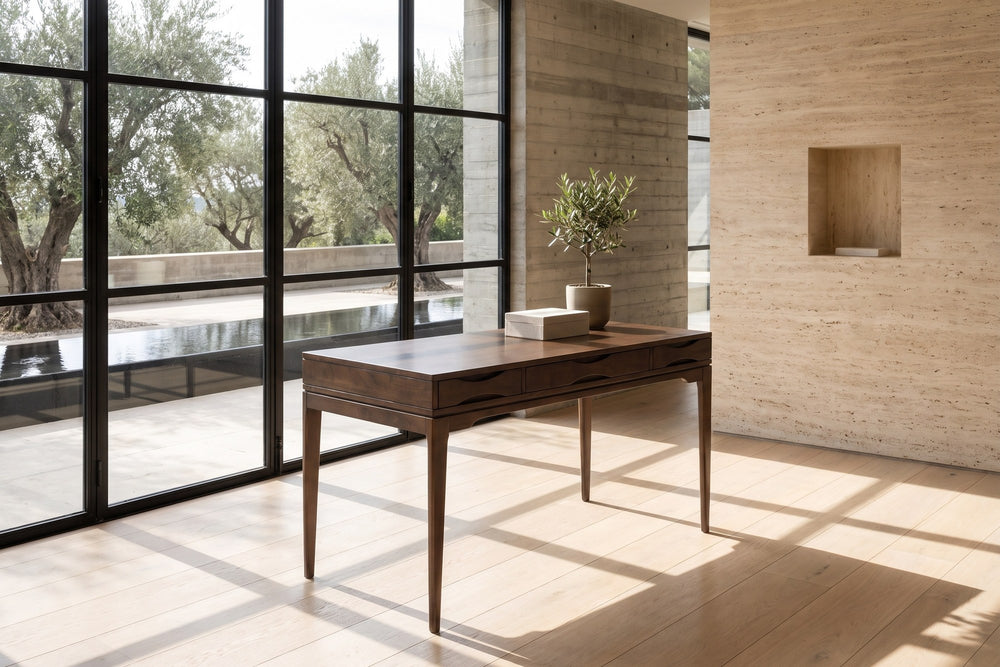 Guardavalle 60-Inch 2-Drawer Solid Wood Mid-Century Writing Desk with Keyboard Tray in a sunlit villa study
